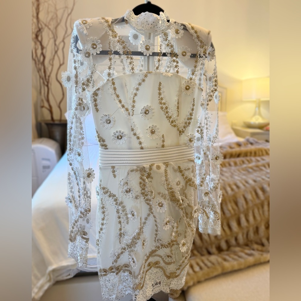 NEW Zhivago White and Gold Floral Lace Dress